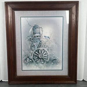 VTG Home Interior Bluebird Wagon Wheel Framed Art Print Rustic Farmhouse 20x17.5